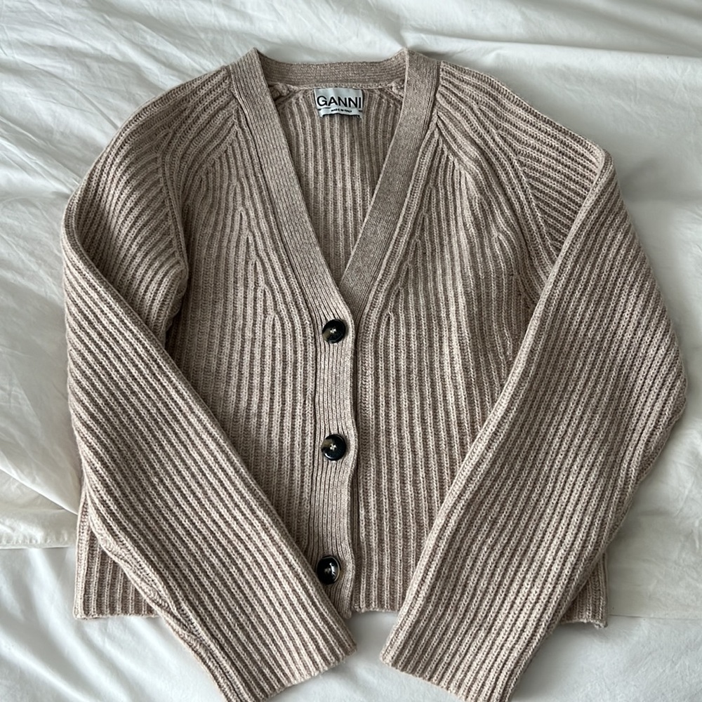 NWOT Ganni Rib Knit Cardigan in Beige, Size Small